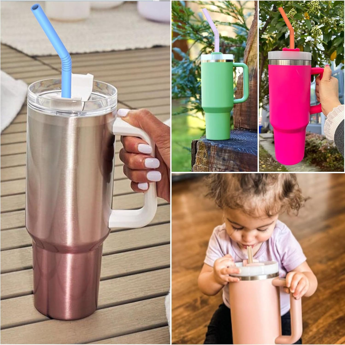XANGNIER Extra Long Silicone Replacement Straws - 14” Pastel Color Straws for Stanley 40 oz Cup | 6 Pack with Cleaning Brush