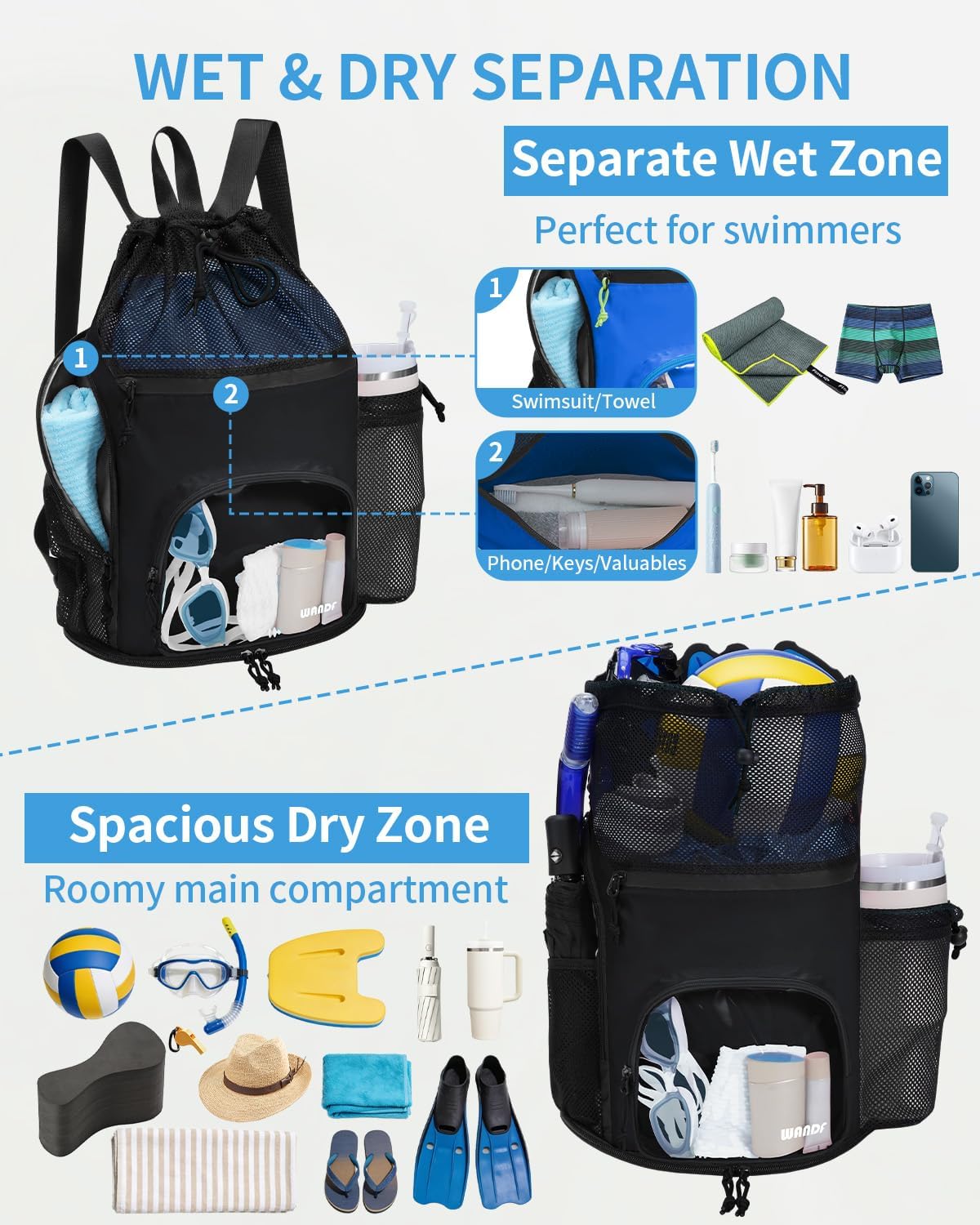 WANDF Swim Bag - Sandproof Beach Backpack with Wet Pockets & Tumbler Side Pockets | Black