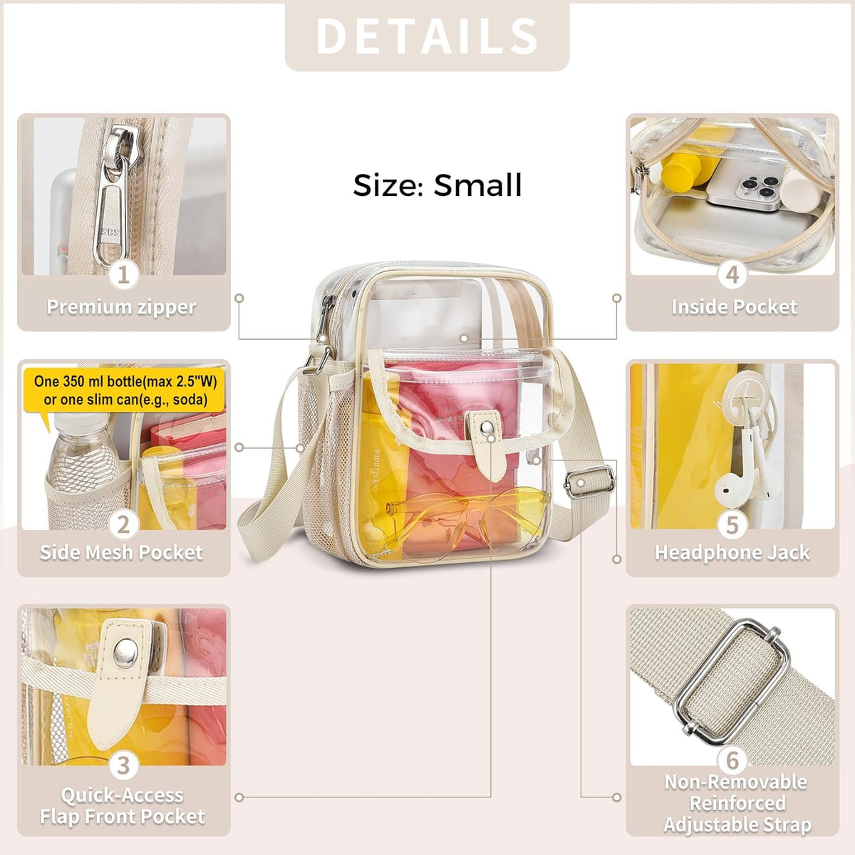 Spodears Clear Crossbody Bag - Perfect for Stadiums, Concerts & Festivals | Adjustable Strap & Bottle Holder