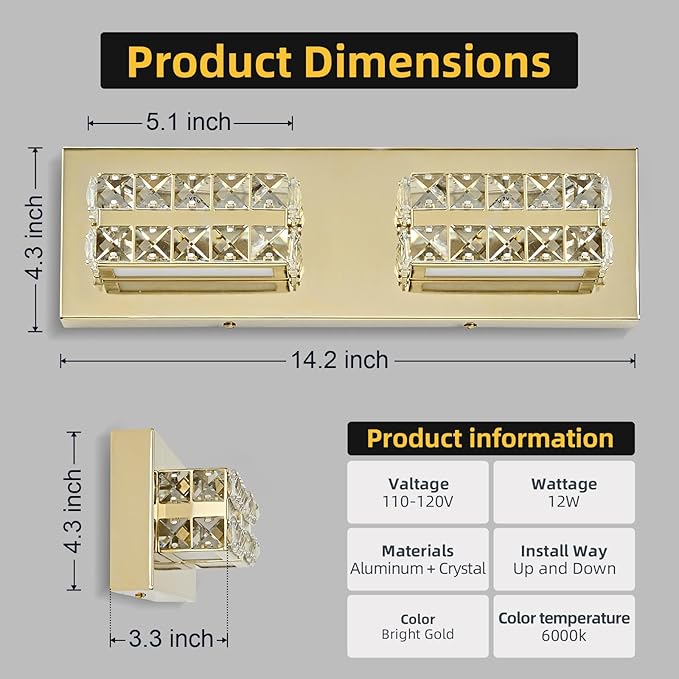 OKELI Crystal Vanity Lights LED Bathroom Vanity Light Fixture Over Mirror Modern Indoor Gold Lamp, 6000K Cold White Dimmable, 2-Lights, 18W, ETL Listed