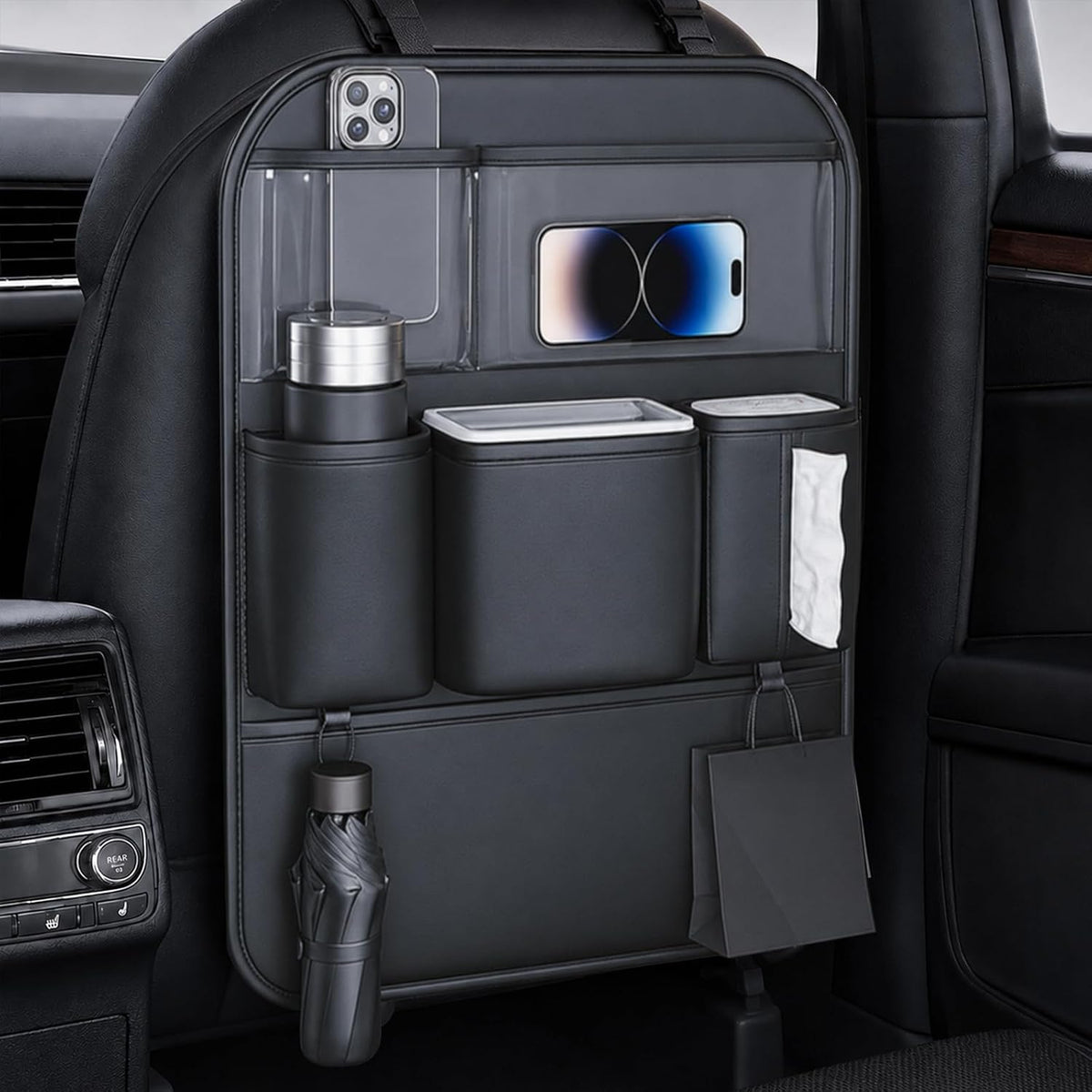Leather Car Seat Back Organizer, Backseat Kick Mat Protector with Clear Touchscreen Tablet Holder, Cup Holder, Tissue Holder and Storage Pockets, Fits Cars SUVs Minivans, Black