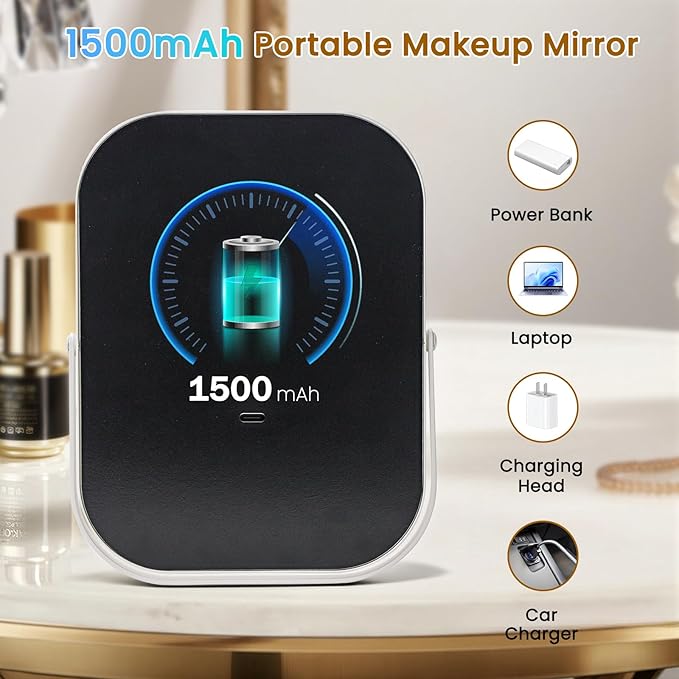 Vanity Mirror with Lights, 8"×6" LED Makeup Mirror Built-in 1500mAH Lithium Battery, 3-Color Lighting, Dimmable, Lighted Up for Makeup Desk (White)