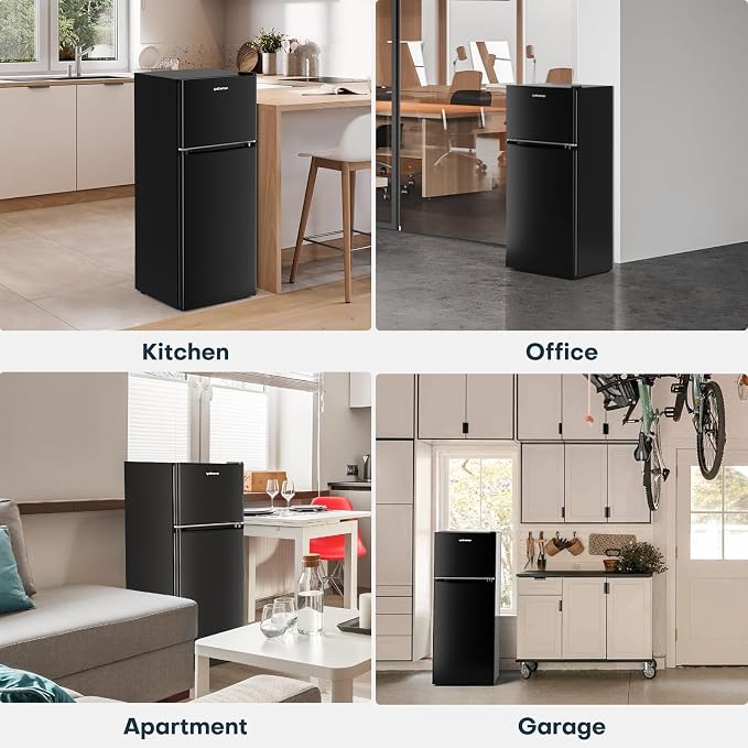 Upstreman 4.0 Cu.Ft. Mini Fridge with Freezer, Dorm Essentials, Double Door Small Refrigerator for Office, Dorm, Bedroom, Adjustable Thermostat, Large Capacity, Black-BR401