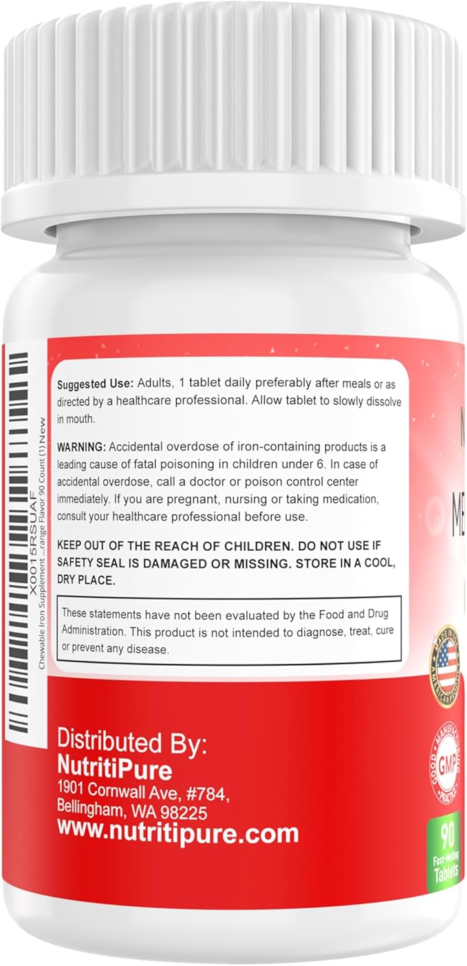 Chewable Iron Supplement for Women/Men | Carbonyl Iron 18 mg with Vitamin C 30 mg | Tablet in Orange Flavor 90 Count (2)