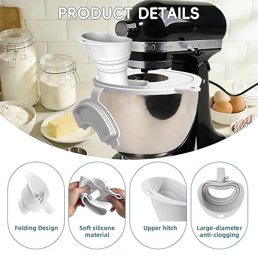 Flour Funnel for Kitchen Aid Mixer Flour Funnel for Stand Mixer 3-in-1 Accessory Set with Splash Guard Lid & Measuring Cup for 4.5-5 Qt Tilt-Head Mixers Food-Grade Silicone