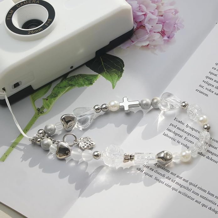 CMVFYL Beaded Camera Wrist Strap, Cute Phone Charms Strap, Pearl Bracelet Wrist