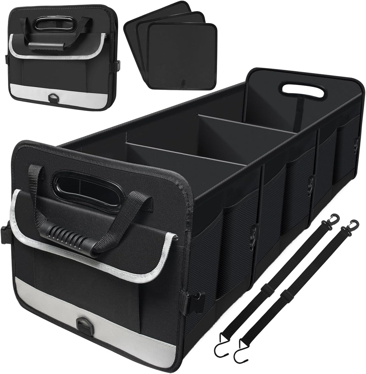 Snuopfy Car Trunk Organizer,115L Heavy Duty Collapsible Trunk Storage, with Insulated Leakproof Cooler Bag Vehicle Cargo Organizer with Lid, 3 Compartments, Straps For Car,Suv,Jeep,Sedan-Black