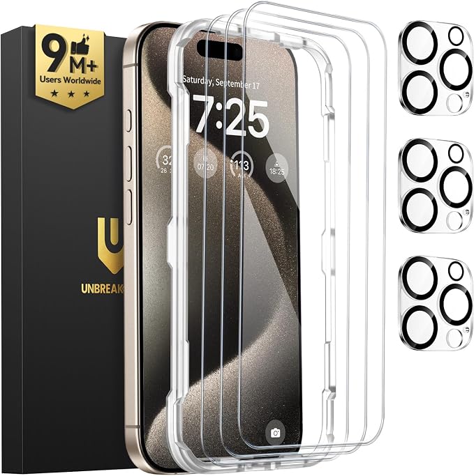 UNBREAKcable iPhone 15 Pro Max Screen Protector 3-Pack, Upgraded Dual-Tempered