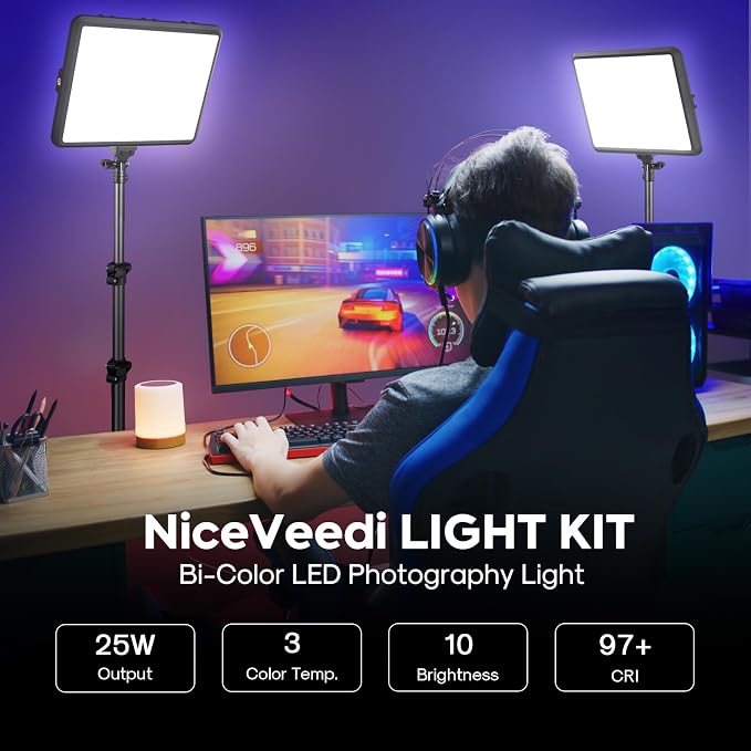 2-Pack Photography Lighting Kit, NiceVeedi 25W LED Video Light Kit, 2900-7000K