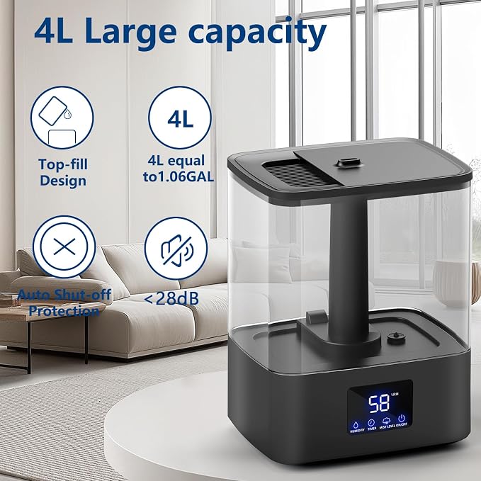KZF 4L Top Fill Humidifiers for Bedroom & 60H Runtime - Cool Mist Humidifier, 3 Mist Levels, 8H Timer, Essential Oil Tray, Humidity Display, Quiet for Bedroom, Baby, Plants, Large Room (Black, 4L)