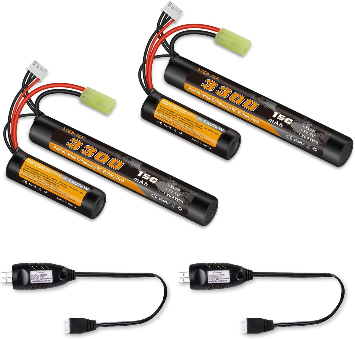 Skiennix 3300mAh Airsoft Battery - 11.1V Nunchuck Rechargeable Battery for AEG AK47 M4 MP5