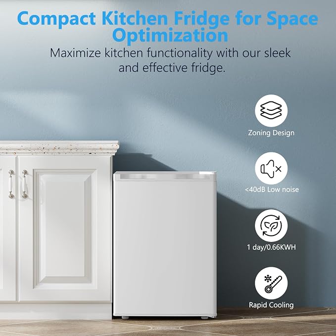 COWSAR 2.6 Cu.Ft Mini Fridge with Freezer, Quiet Reversible Door Compact Refrigerator, Small Refrigerator with 2 Removable Shelves, Adjustable Thermostat, for Office, Bedroom, Dorm, White
