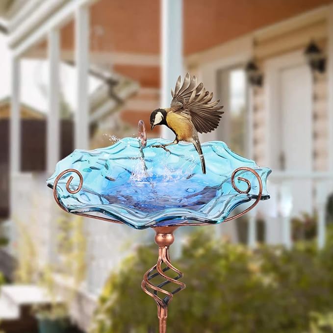 VCUTEKA Outdoor Bird Bath Glass Birdbath Garden Bird Feeder with Metal Stake Blue