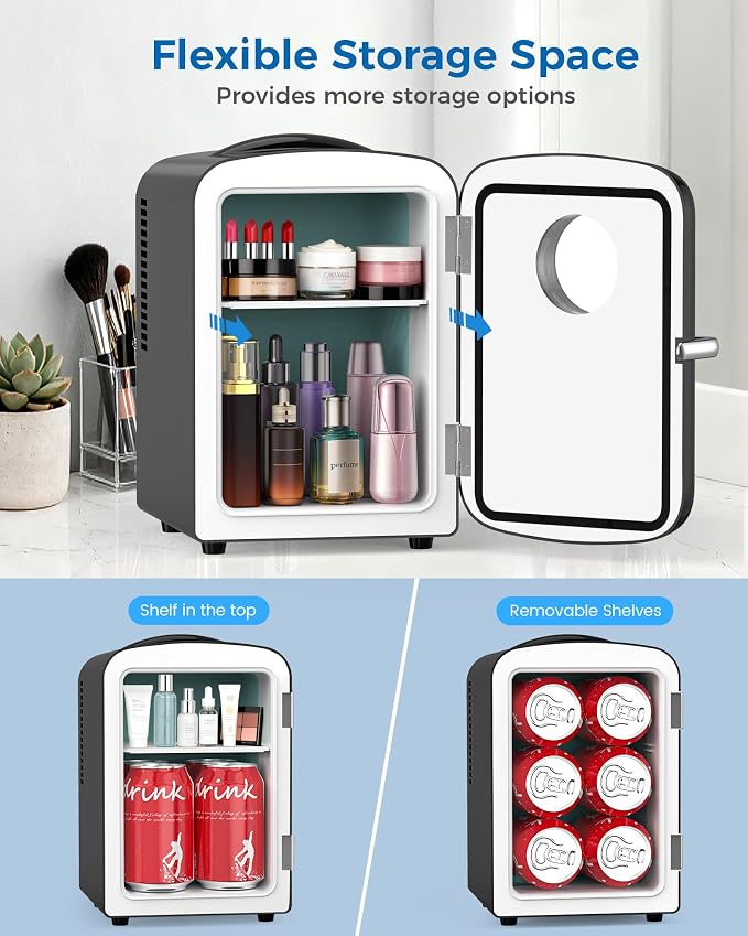 Electactic Mini Fridge for Skincare, 4L/6 Cans Portable Compact Cosmetic Fridge, Desktop Fridge with AC/DC Adapters, Observation Window, Small Cooler and Warmer for Beverage, Makeup, Bedroom, Black