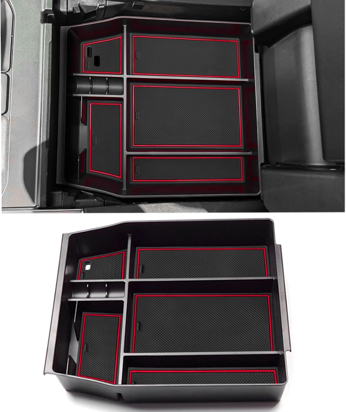 Center Console Organizer Tray for Ford F150 2021 2022 2023 2024 Accessories Interior Secondary Storage Armrest Box Insert Hidden Cubby Drawer (Full Console w/Bucket Seats ONLY) (Red Trim)