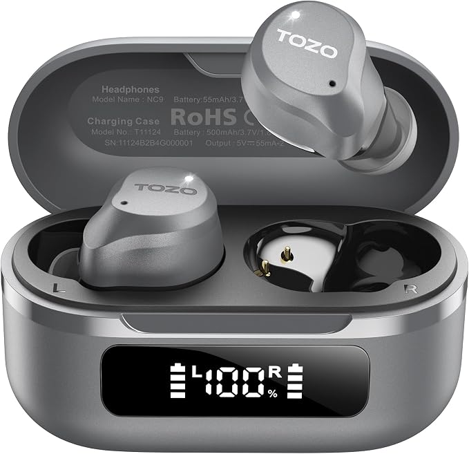 TOZO NC9 Hybrid Active Noise Cancelling Wireless Earbuds, 60H, LED Display | 6 Mic ENC Clear Calls, Deep Bass Sound, IPX8, in Ear Bluetooth 5.3 Headphones,32 EQs via APP, Comfort Fit Ear Buds, Gray