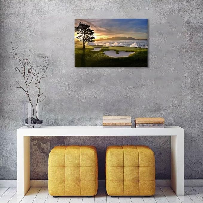 chenchenArt Pebble Beach Golf Course Wall Art Pictures Golf Course Poster Canvas Prints Golf Artwork Wall Decor for Living Room Bedroom Bathroom Home Decorations Framed Ready to Hang(18''H x 24''W)