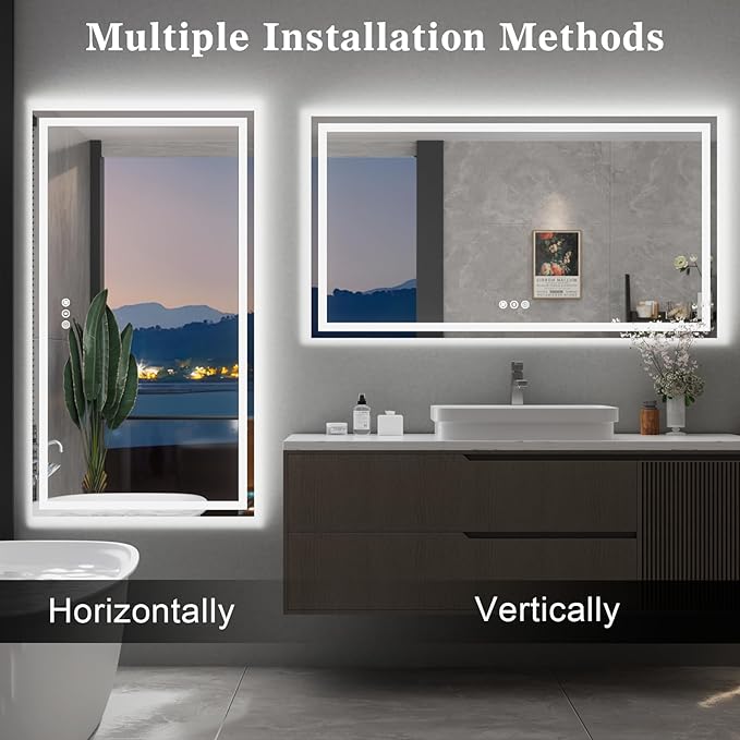 WTTY LED Bathroom Mirror 55"x30" with Back and Front Light,Modern LED Mirror for Bathroom,Stepless Dimmable Lighted Bathroom Vanity Mirror with Anti-Fog,Memory Function,Shatter-Proof