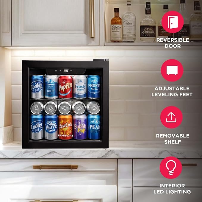 FRIGIDAIRE 12-Bottle Cooler, 1.2 Cu. Ft. Glass Door Beverage Refrigerator, Digital Display Mini Fridge with Touch Controls, Adjustable Shelves, LED Lighting & Quiet Compressor Cooling