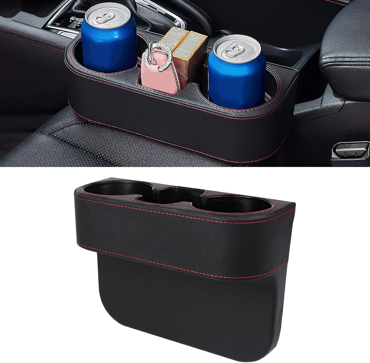 Car Cup Holder, Multifunctional Auto Drink Holder Gap Filler Storage Box, Leather Car Seat Organizer with Cup Holder, Universal Vehicle Front Seat Organizer for Bottle Phone (Black)