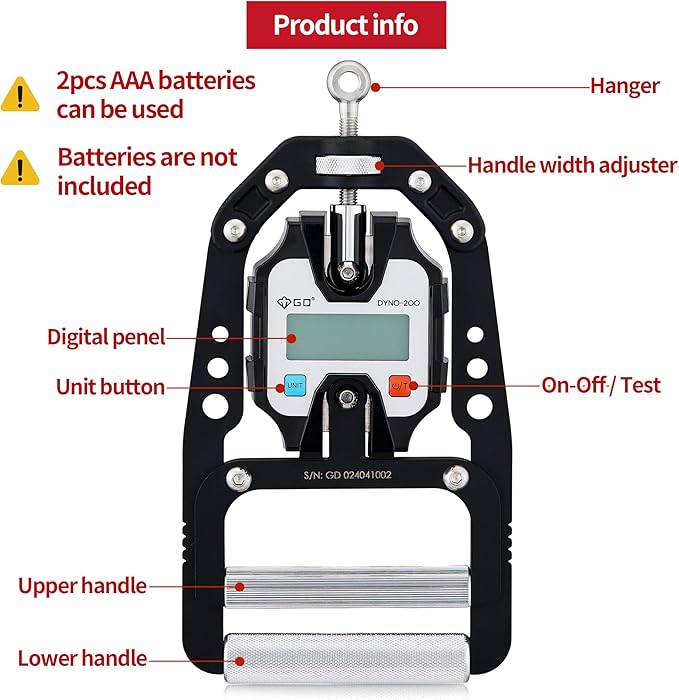 (NEW) GD DYNO-200 Digital Hand Dynamometer Grip Strength Measurement Electronic Hand Grip Strength Tester Grip Strengthener Hand Exerciser 440 Lbs (200 Kgs)