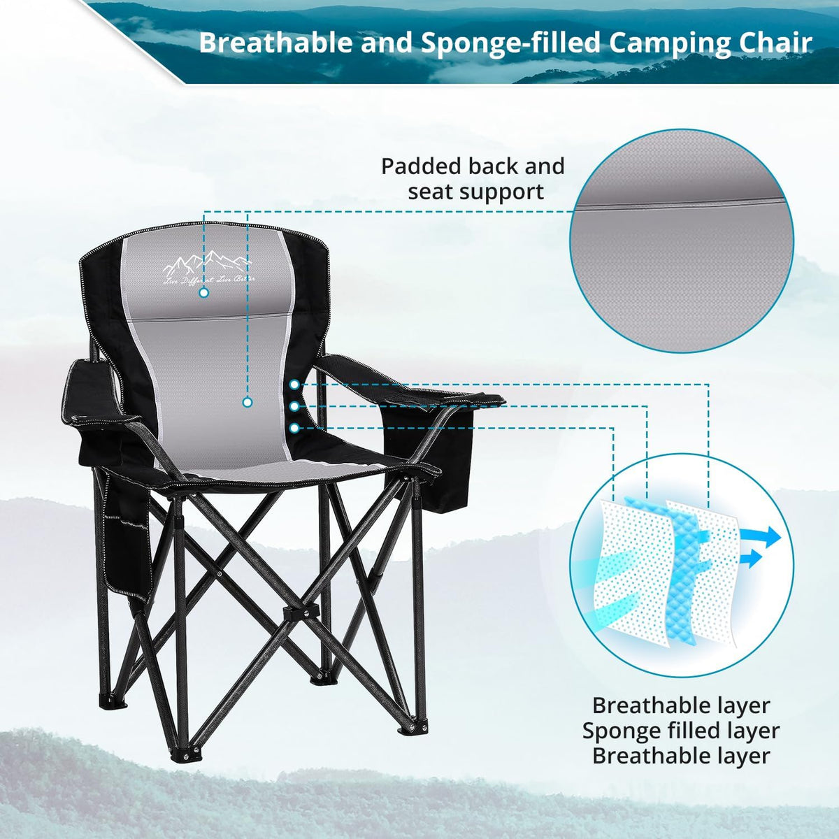 Skiennix Folding Camping Chair - Heavy Duty Portable Lawn Chair with Cooler Bag & Cup Holder | Supports 450lbs, Black