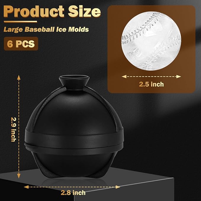 6 Pack Baseball Ice Cube Mold 2.5 Inch Large Silicone 3D Baseball Ice Cube Molds Fun Shapes Novelty Baseball Cube Molds Christmas Gifts for Cocktails, Bourbon, Brandy, Whiskey (6, Baseball)
