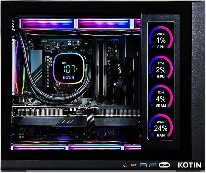 KOTIN Prebuilt Gaming PC RTX 5070 12GB, Ryzen 7 9700X, 32GB DDR5, 1TB SSD | 11.3in Smart Display, 850W 80+ Gold PSU, 360mm Liquid Cooler, WiFi 7, 1440p 4K ARGB Windows 11 Gaming Desktop Computer