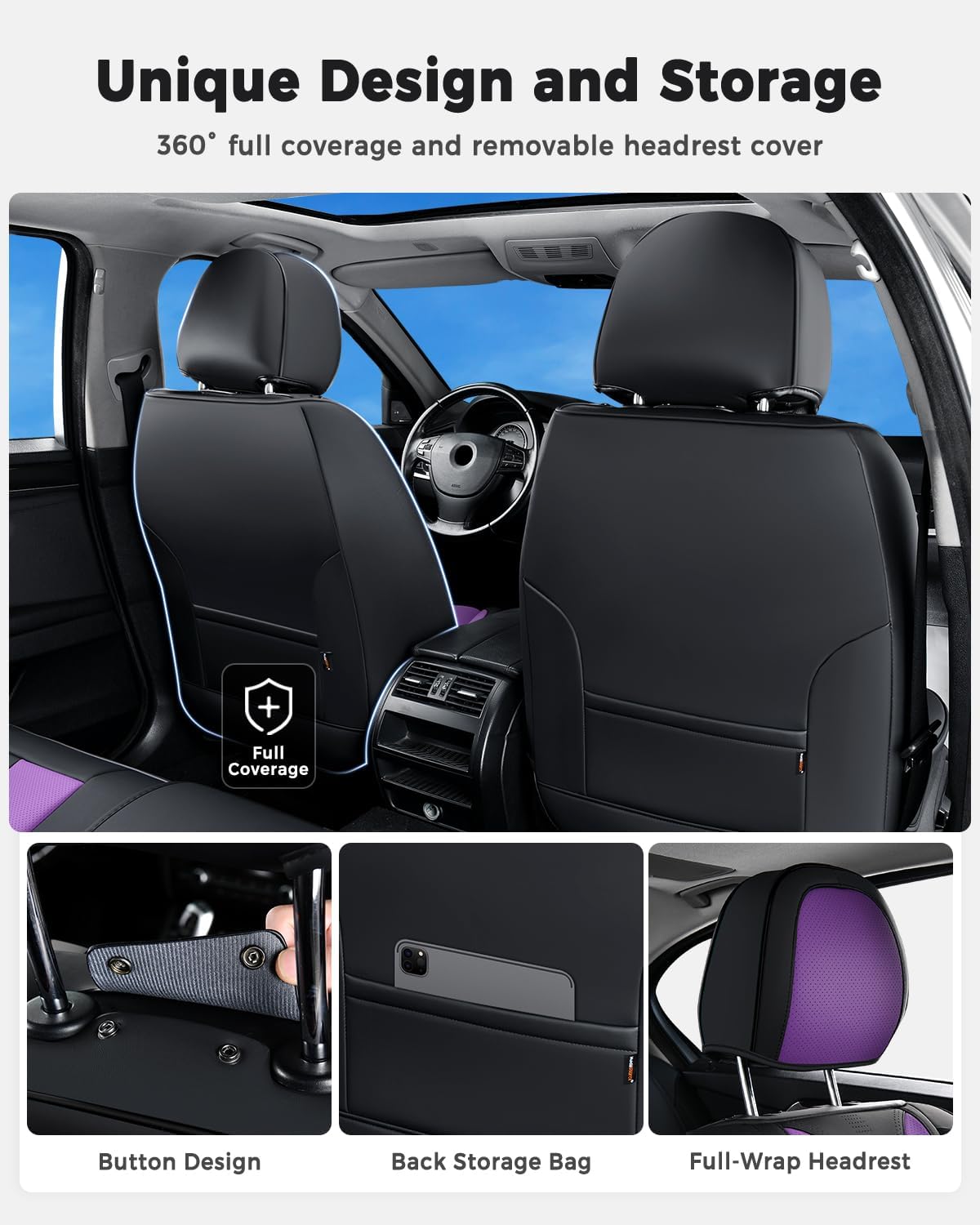 Huidasource Front Car Seat Cover Luxury Nappa Leather, Leather Front Seat Covers with Airbag, Front Storage Pocket, Lumbar Support, Cooling＆Heating Universal Fit for Most Cars SUV Trucks, Black&Purple
