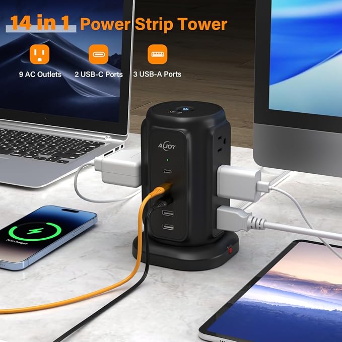 AiJoy Tower Surge Protector Power Strip, 14-Device Charging Station with 9 AC Outlets & 5 USB (2 USB-C), 1200J Surge Protection, 6.5FT Flat Plug Extension Cord, Wide-Spaced Outlets, Individual Switch