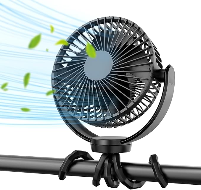 Koonie 5000mAh Portable Stroller Fan - 3-Speed Battery Operated, Flexible Clip-on Tripod, 360° Rotate Flexible Tripod，USB Rechargeable Cooling for Bike, Treadmill, Travel & Car Seat