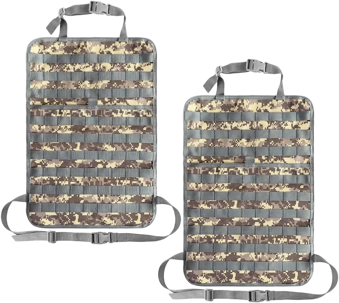 2 PCS Car Seat Back Organizer, Tactical MOLLE Sag Proof Vehicle Panel Backseat Cover Protector, Universal Molle Nylon Storage Bag Seat Back Hanger Pad for Car Truck SUV Pickup (Camouflage ACU)