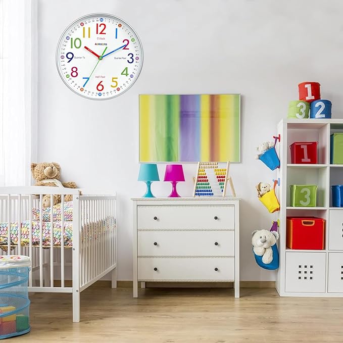 Wall Clock for Kids Learning Tell Time Easily Non-Ticking Battery Operated Kids