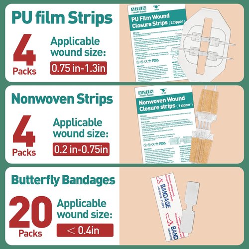 3 Types Butterfly Bandages, 28 Pack Wound Closure Strips, Emergency Laceration Closure Kit, Quick Clot Zip Stitch Wound Closures Device