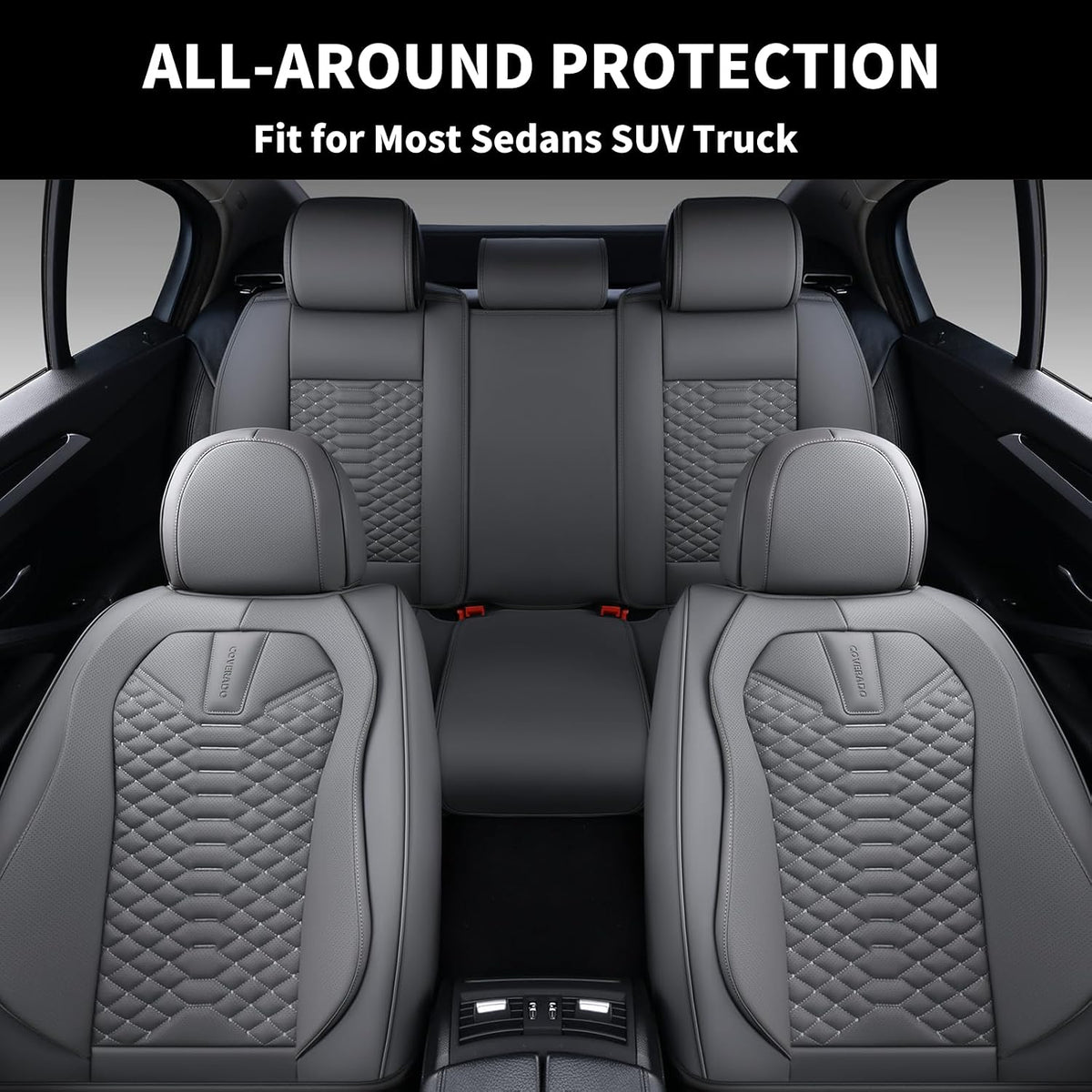 Coverado Car Seat Covers Full Set, Nappa Leather Seat Covers for Cars, Universal Waterproof Seat Covers, Front and Back Car Seat Protector, Automotive Seat Covers Fit for Most Cars, Gray
