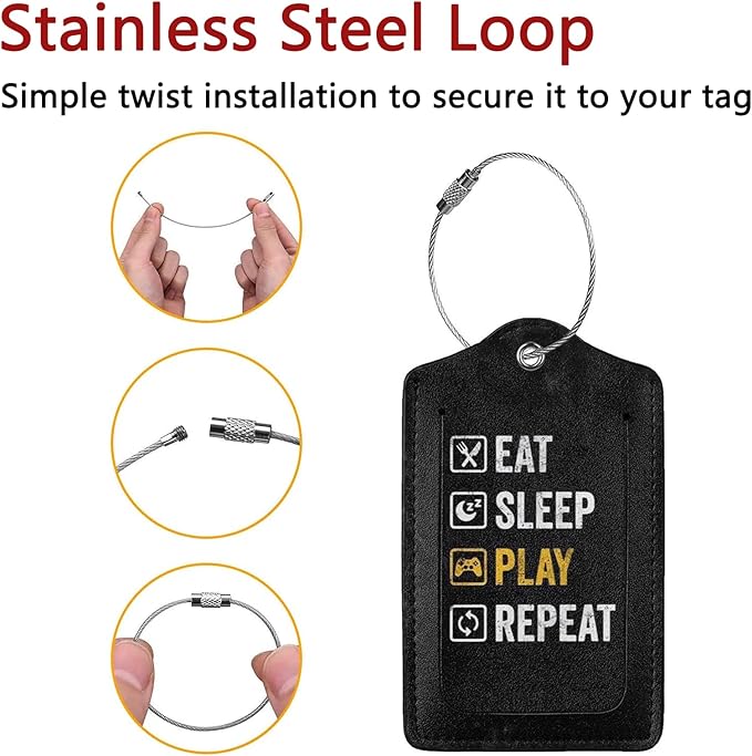 2 Pack Luggage Tags for Suitcase, Privacy Cover ID Label with Stainless Steel and Address Card for Travel Bag Backpack Cruise Ship Essentials Tag Men Boys - Eat Sleep Play Repeat