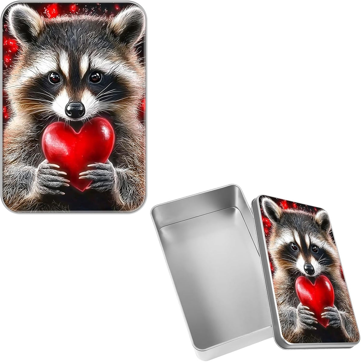 Large Metal Tin Box with Lid, Rectangular Silver Storage Container,7 x 4.33 x 2.17 Inch Empty Tin Organizer for Home, Gifts, Cookies, Pencil Case, Car Keys, Craft Storage, Cute Raccoons