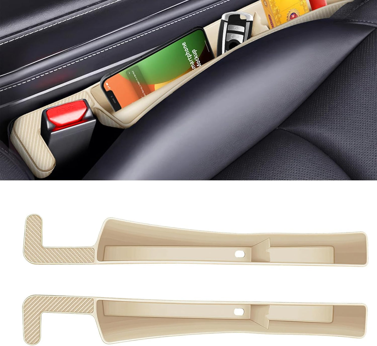 2PCS Car Seat Gap Filler, Automotive Seat Organizer Fill The Gap Between Seat and Console, Universal Car Storage Box Inserts Fill The Gap Between Seat &Console for Coins Wallets Keys (Beige)