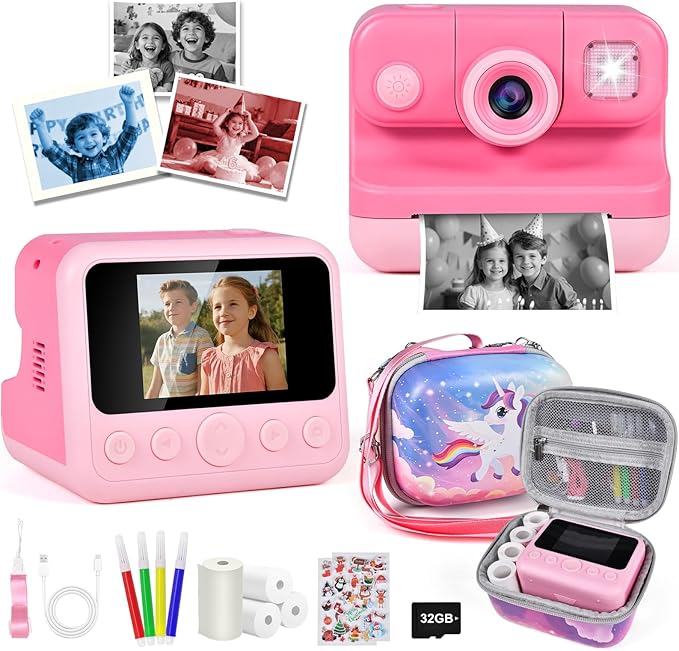 Kids Instant Print Camera with Carrying Bag, 1080P HD Girl Camera with 4 Print