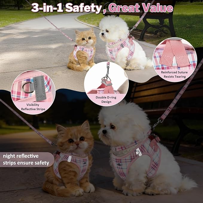 Gyuzh Small Dog Harness and Leash Set for Puppy & Kitten - 3-in-1 No Pull Step in Vest Collar, Lightweight Reflective Plaid, Padded Handle (Pink, XS)