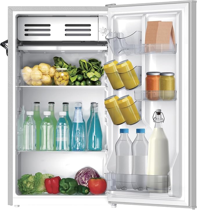 Frigidaire Retro Compact Fridge with Chiller, 3.2 cu ft Countertop Fridge with Built-In Bottle Opener, Compact Refrigerator for Office, Bedroom, Dorm Room or Cabin - 16.5"D x 19"W x 31"H (Moonbeam)