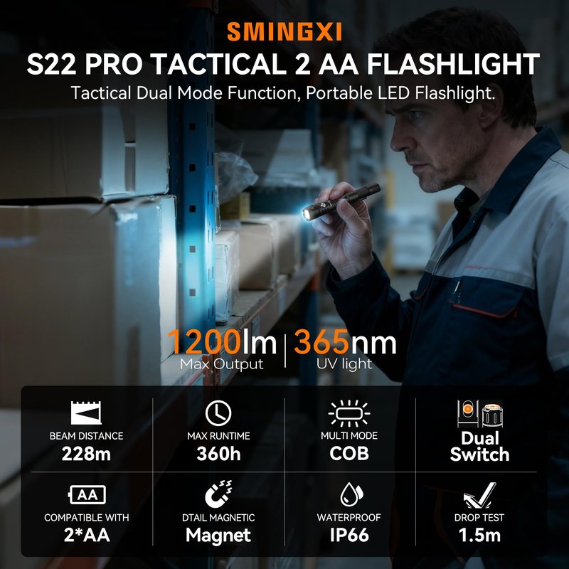 S22Pro EDC Tactical Dual Mode Rechargeable Flashlight, 1200 High Lumen Pen Light with 365nm UV Light, 2AA Dual Power Pocket LED Flashlight with Magnet for Car Repair Camping, Emergency, Outdoor