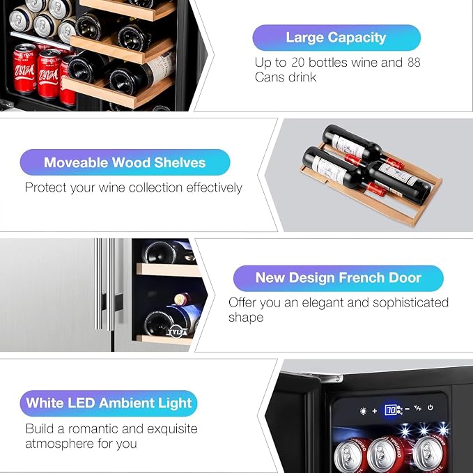 Wine and Beverage Refrigerator, 24 Inch Dual Zone Wine Beverage Cooler, Holds 20 Bottles and 88 Cans, Built-In and Freestanding, Seamless Glass Door, Under Counter Beer Wine Refrigerator