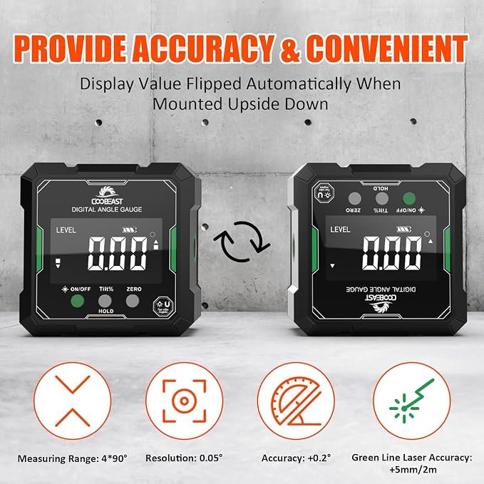 Digital Angle Finder with Green Laser, 4-side Magnetic Digital Laser Level