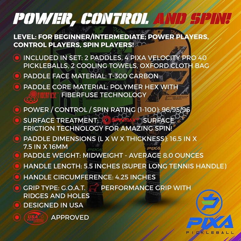 T-300 Carbon Fiber;16mm; Pickleball Paddle Set of 2; w/ 4 Balls, 2 Cooling Towels, Bag; Beginner Racquet/Intermediate Racket; PIXA Powercrush Max Force