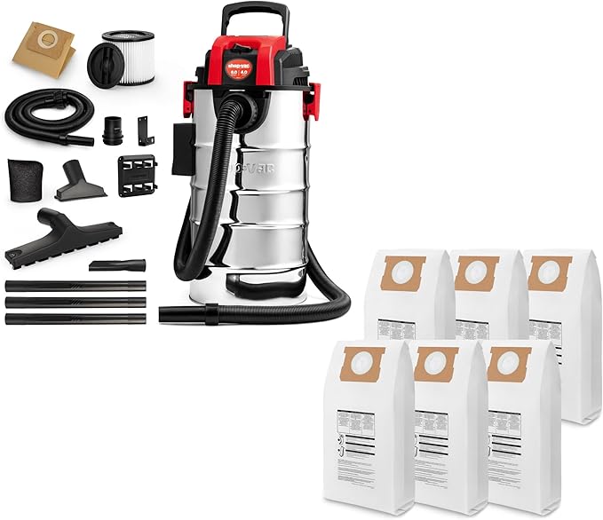 Shop-Vac 6 Gallon 4.0 Peak HP Wet/Dry Vacuum, Wall Mountable Compact Shop Vacuum 91932 Dust Collection Filter Bag for 5 Gallon Wall Mount Vacs, 6 Pack