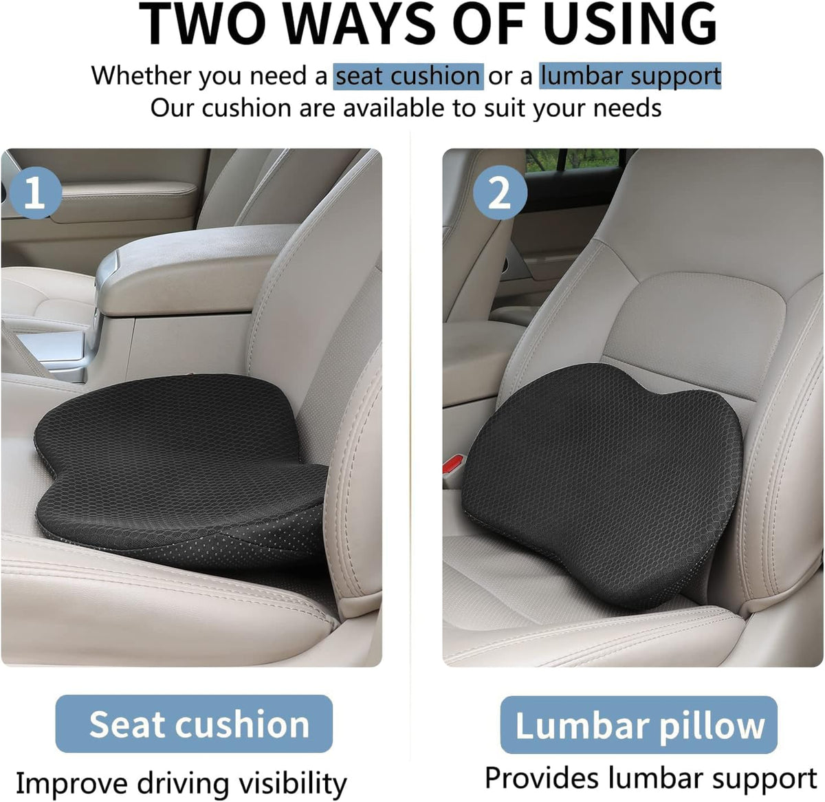 Car Seat Cushion, Memory Foam Seat Pad for Sciatica and Lower Back Pain Relief, Seat Cushion for Car Seat Driver (Black)
