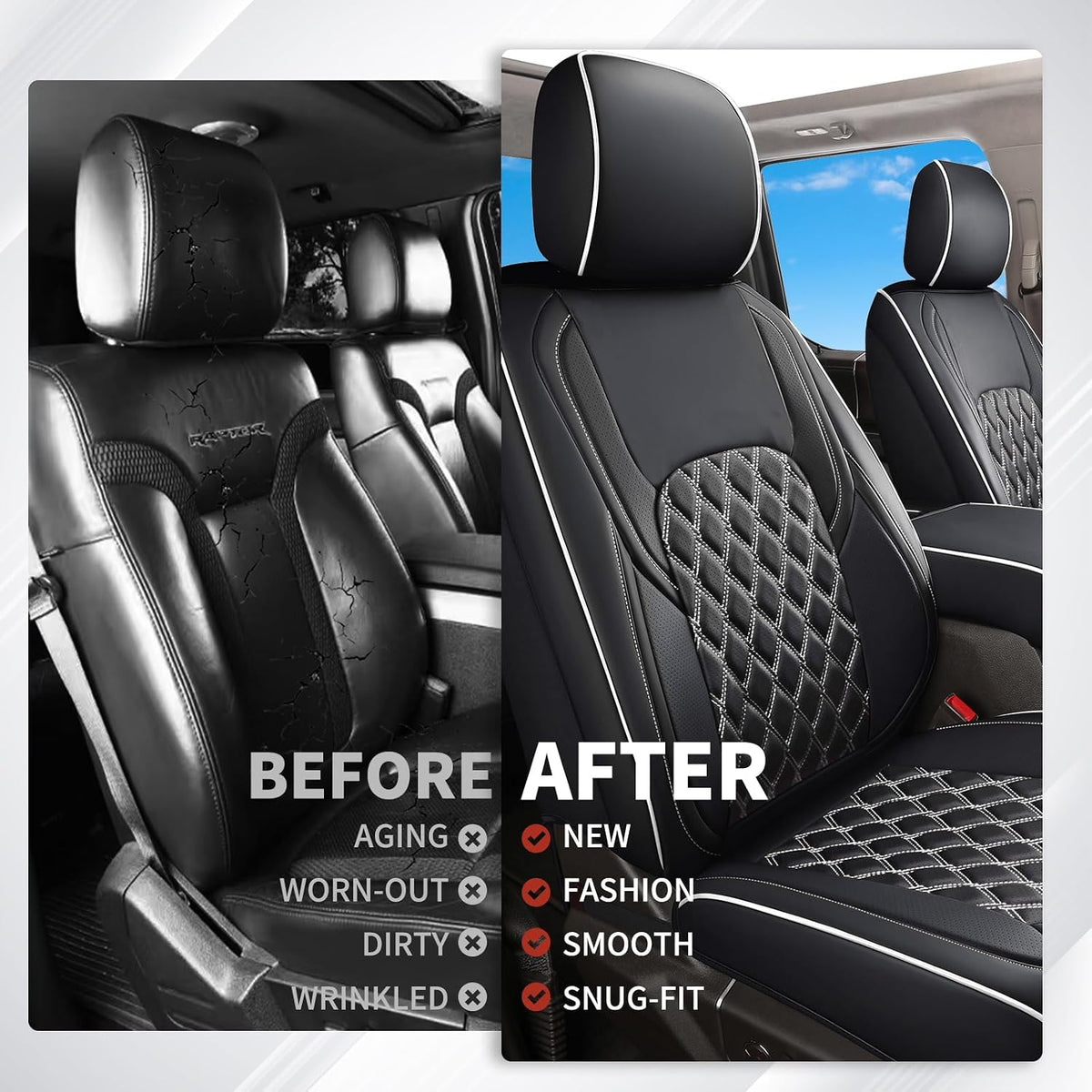 Huidasource Tacoma Front Seat Covers Fit for Toyota Tacoma 2016-2023 All Cab SR,SR5, Limited,TRD Pro, TRD Sport, TRD Off-Road Front Row, 360° Full Wrap Leather Car Seat Cushion Cover, Black&White