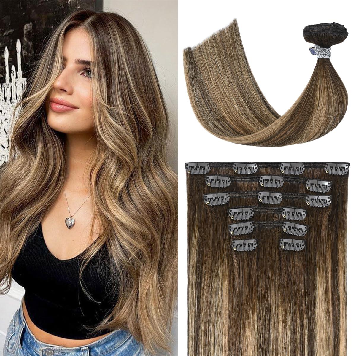 Ugotrays Balayage Hair Extensions Real Human Hair Ombre Medium Brown Fading To Caramel Blonde 18Inches 70G Highlights 100% Human