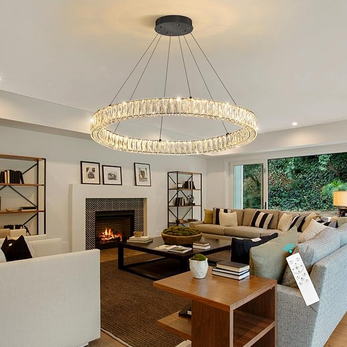 HAIXIANG Modern Crystal Chandelier Dimmable LED Ring Pendant Chandeliers Light